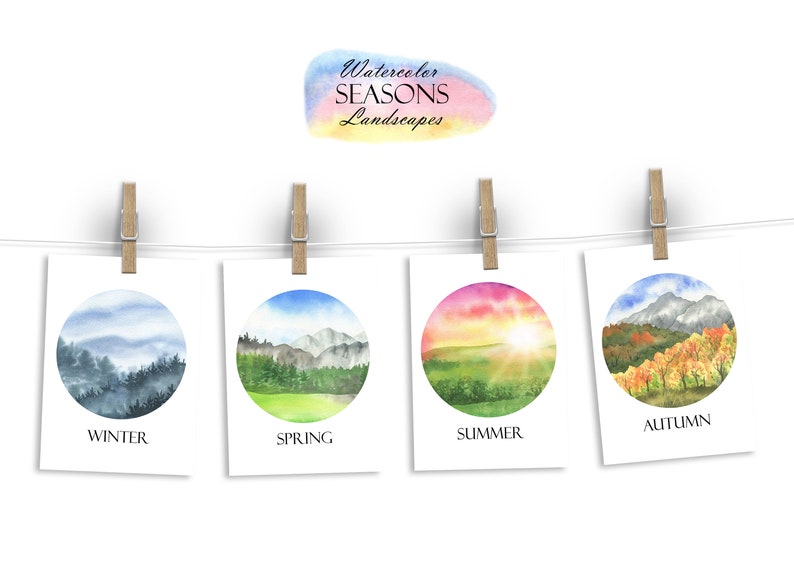 Watercolor Seasons Landscape Clipart, Four Season Winter, Spring ...