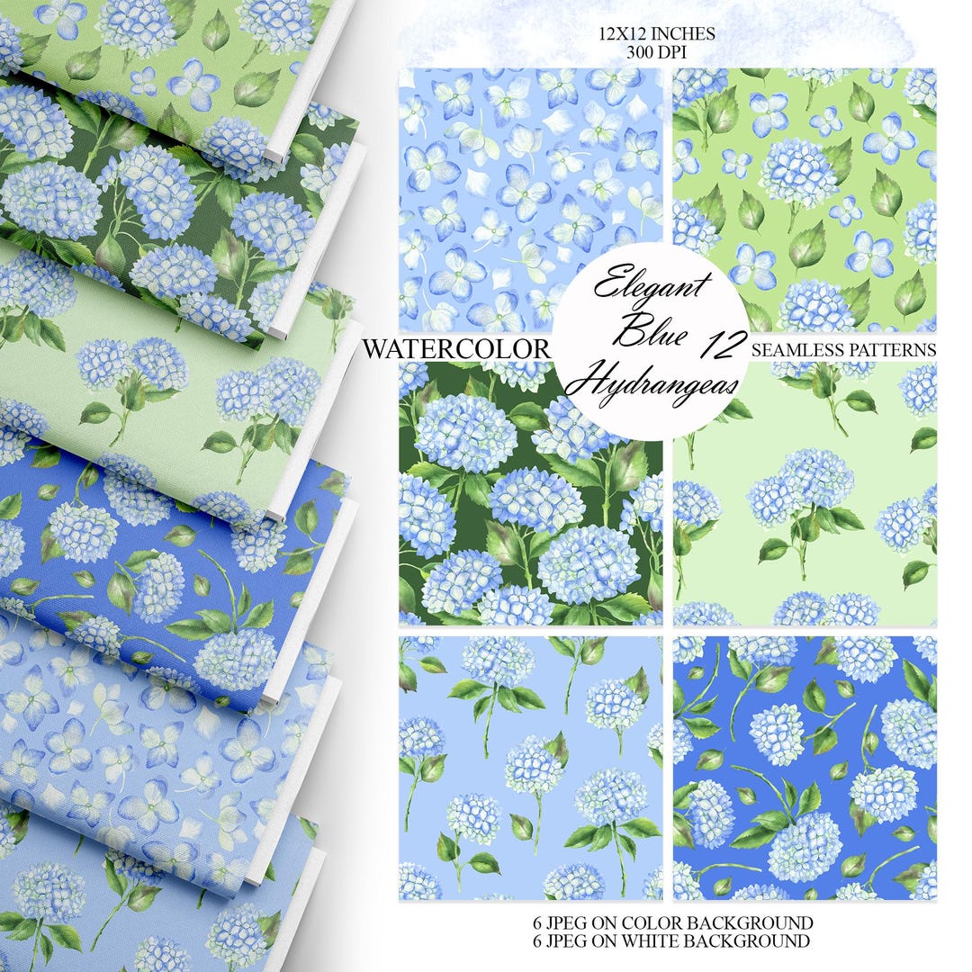 Hydrangea Seamless Pattern, Blue Watercolor Floral Digital Paper ...