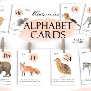 Watercolor Animal Alphabet ABC Card, Learning Letters, Printable Montessori Flash Cards, ABC Learning Cards, Nursery PNG 260