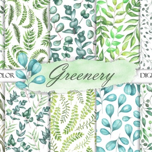 Watercolor Greenery Digital Paper, Green Leaves Seamless Pattern, Botanical Background, Printable Paper Set, Scrapbook JPG 25