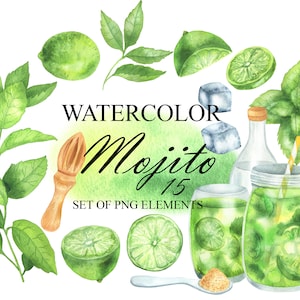Clipart Mojito aquarelle, cocktails d'été, préparation de mojito, clipart boisson menu, cocktail tropical de plage, PNG 366