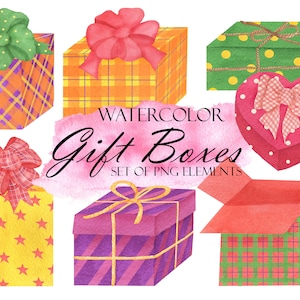 Watercolor Gift Box Clipart, Christmas Presents Clip Art, New Year Present Box, Birthday Gift Box, Celebration, PNG 269