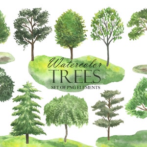 Clipart acquerello alberi verdi, Clipart paesaggio albero foresta, Natura, ClipArt bosco, Set di scrapbooking PNG 163
