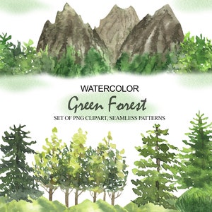 Aquarelle Forest Tree Clipart, Woodland Pine Trees, Landscapes, Mountain Digital Clip Art, Wedding Invitation, Scrapbooking Set PNG 59