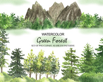 Watercolor Forest Tree Clipart, Woodland Landscape PNG (Digital Download)