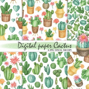Kaktus Digitales Papier, Aquarell Sommer Tropische kaktus nahtloses Papier, Florals Papier Pack JPG 02