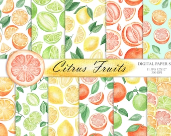 Watercolor Citrus Fruits Digital Paper, Lemon, Lime, Orange, Grapefruit Seamless Pattern, Summer Tropical Fruits Pattern, Scrapbook JPG 07