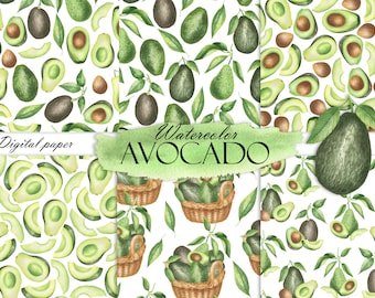 Watercolor Avocado Digital Paper, Avocado Seamless Pattern, Summer Digital Paper, Avocado Print Scrapbook JPG 18