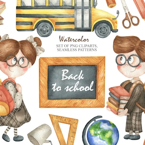Watercolor Back to School Clipart, First Day of School Digital Clip Art, Schoolchildren, Educational Supplies, School Bus PNG 24