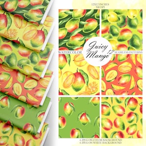 May include: Watercolor seamless patterns featuring mangoes in various stages of ripeness, with green leaves and slices. The patterns are on a variety of colored backgrounds, including green, yellow, and red. The text "Juicy Mango" and "12 Seamless Patterns" is also visible.