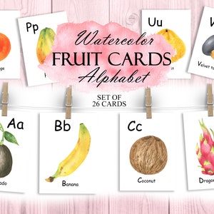 Aquarelle Fruit Alphabet ABC Card, Lettres d’apprentissage, Cartes Flash Montessori imprimables, Cartes d’apprentissage ABC, Pépinière PNG 264