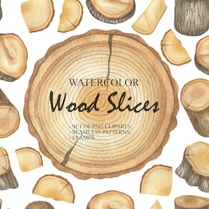 Watercolor Wood Slice Clipart, Tree Slices, Rustic Woodland Clipart, Wood Frame, Wedding invitation, Instant Download PNG 55