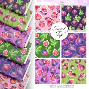 May include: Watercolor fig patterns in various colors, including pink, purple, green, and dark purple. The designs feature whole and sliced figs with green leaves. The text "Sweet Fig 12 Seamless Patterns" is also visible.