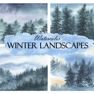 Watercolor winter landscape clipart, winter woodland, snowy forest png, pine trees watercolor clipart, Christmas clip art