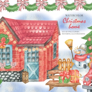 Watercolor Winter Village Clipart, Cottage, House, Winter Scene Clip Art, Snowman, Tree Pine, Christmas Landscape, Holiday PNG 28