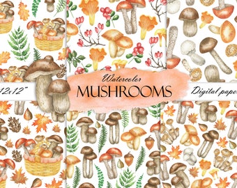Watercolor Mushroom Digital Paper, Mushrooms Seamless Pattern, Forest Flora Background, Autumn Digital Paper, Print Scrapbook JPG 20