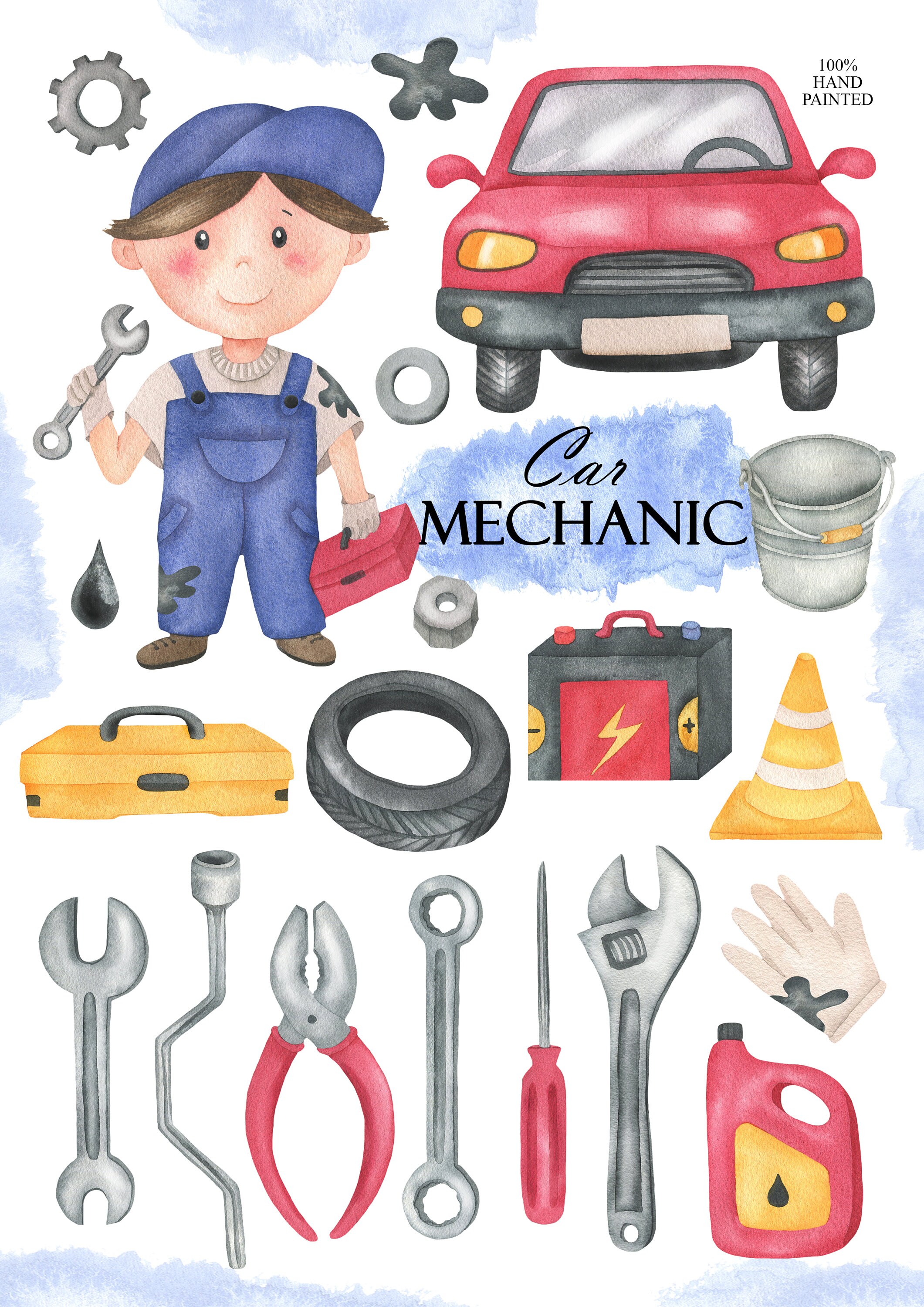 Watercolor Car Mechanic Clipart, Auto Mechanic Clip Art, Car Repair