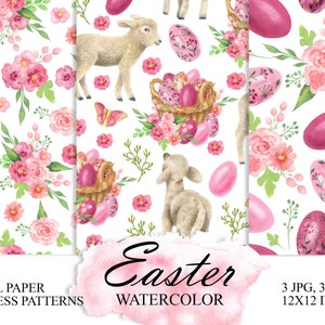 Aquarell Ostern digitales Papier, Ostern Lamm nahtlose Muster, Ostereier Papier, Osterdekoration, rosa Blumen Muster PNG 326