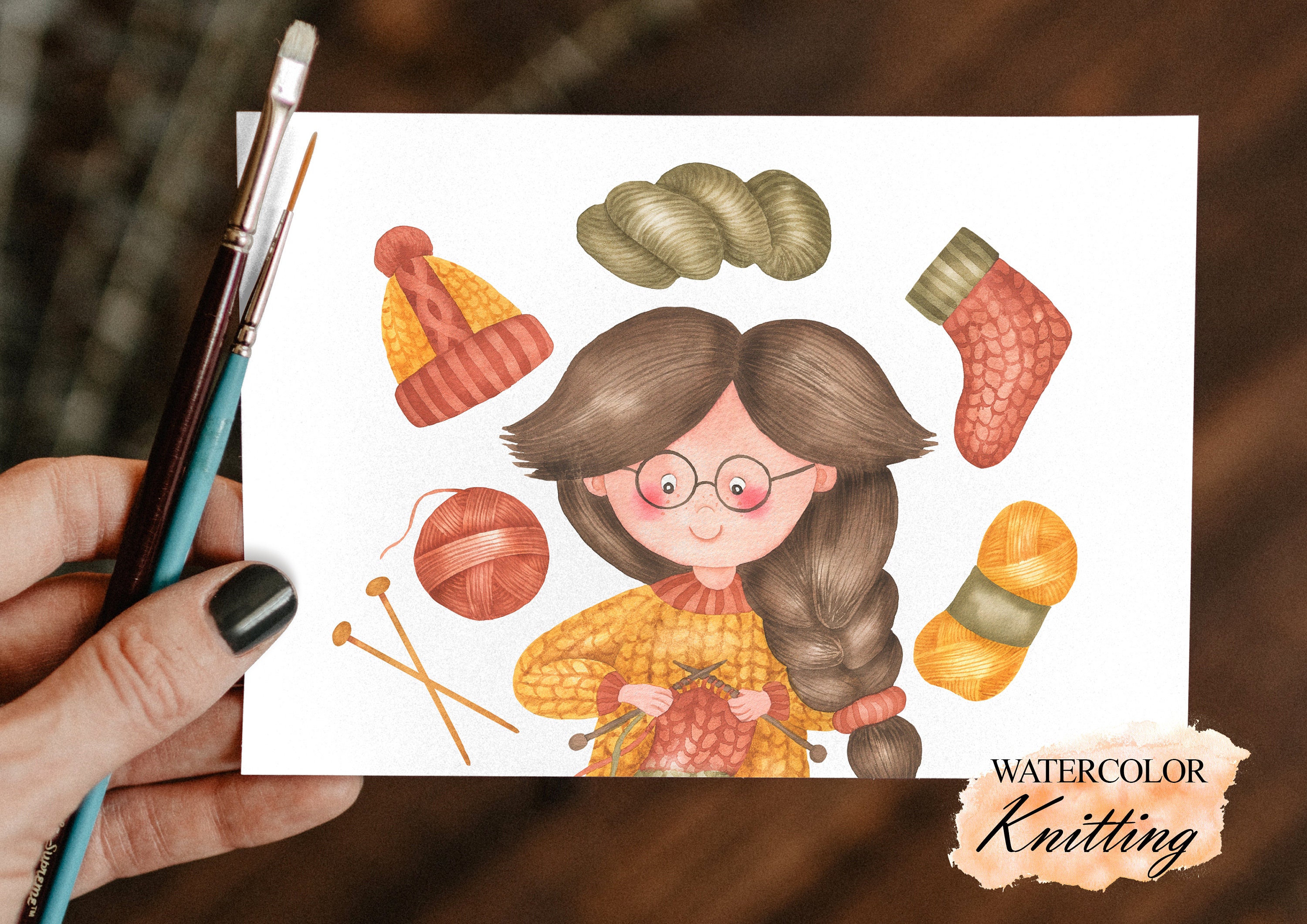 Watercolor Knitting Clip Art Knitter Character Clipart - Etsy