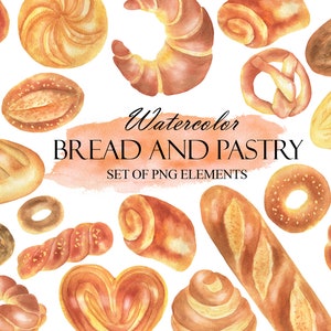 Clipart pane acquerello, ClipArt da forno da forno da forno, prodotti da forno, baguette, pagnotta, croissant, cibo, clipart di pasticceria, download istantaneo PNG 173