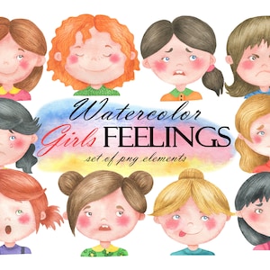 Aquarelle émotions Clipart, sentiments Clip Art, visages de fille, matériaux Montessori, école à la maison imprimable, tableau des émotions, PNG 281