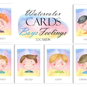 Watercolor Feelings Flash Cards, Boys Emotions Cards, Montessori Materials, Homeschool Printable, Rainbow Emotions Chart, PNG 287