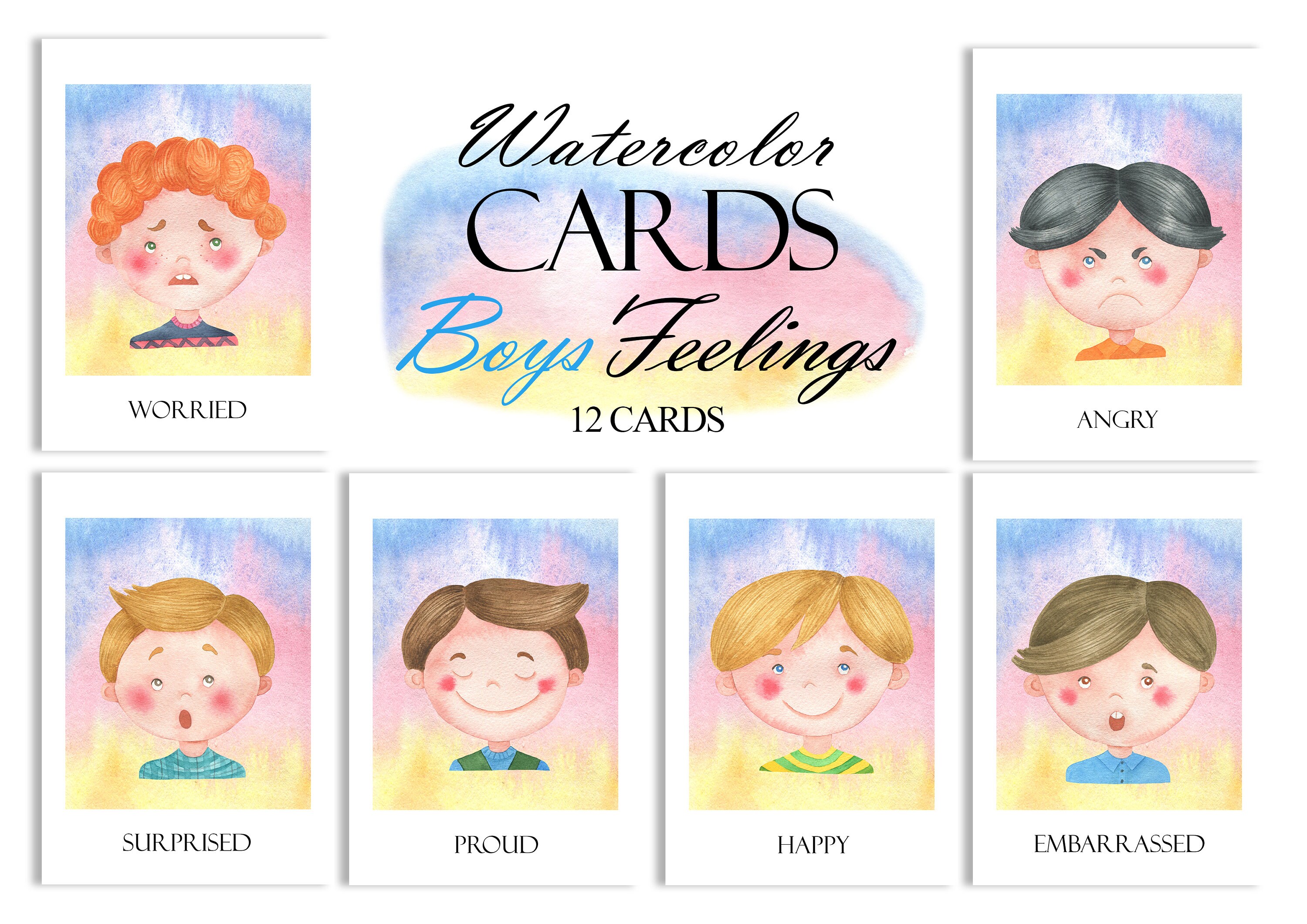 Watercolor Feelings Flash Cards, Boys Emotions Cards, Montessori ...