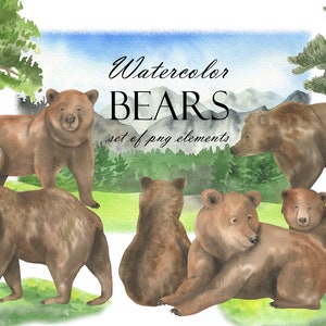 Acquerello Orsi Clipart, Orso Famiglia Clip Art, Orso Grizzly Marrone, Mamma e Baby Orsi, Animali della Foresta, illustrazioni PNG 253