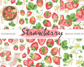 Watercolor Strawberry Digital Paper, Strawberries Seamless Pattern, Scrapbooking Papers, Instant Download JPG 09