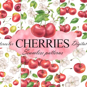 Watercolor Cherry Digital Paper, Cherries Seamless Pattern, Scrapbooking Papers, Instant Download JPG 26