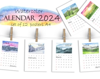 Aquarell druckbarer Kalender 2024, jahreszeitliche 12 Monatsseiten, Tischkalender, Wandkalender, Monatsplaner, JPG 295