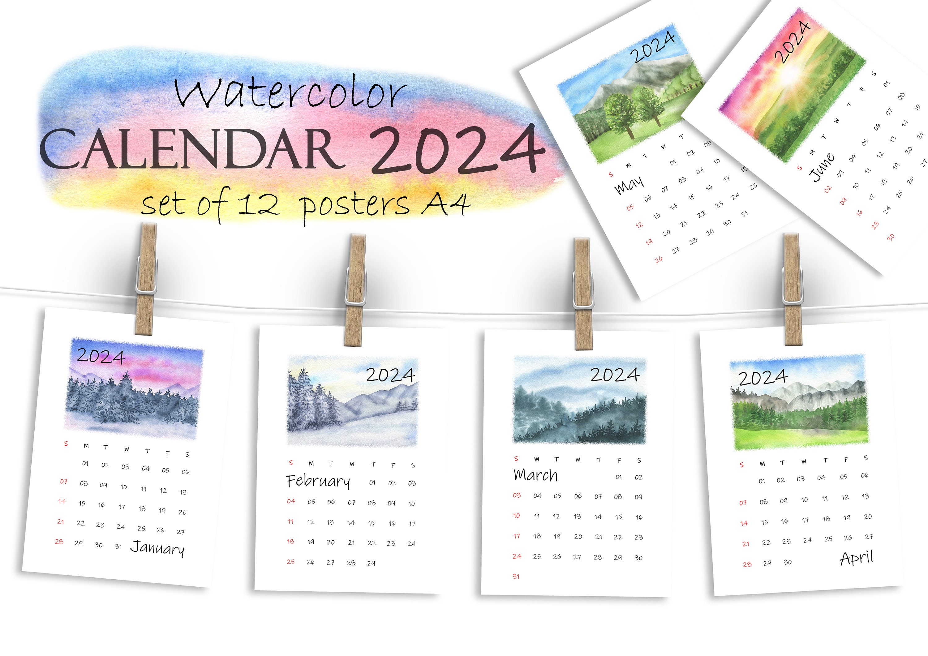 Watercolor Printable Calendar 2024, Seasonal 12 Monthly Pages, Desk
