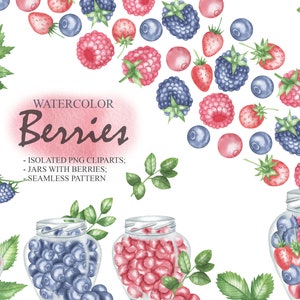Puede incluir: Ilustración de acuarela de frascos llenos de arándanos, frambuesas y fresas. Los frascos están rodeados de bayas sueltas y hojas verdes. El texto "Watercolor Berries" está escrito en rosa en la parte superior de la imagen. El texto debajo del título dice "Imágenes PNG aisladas; Frascos con bayas; Patrón sin costuras."