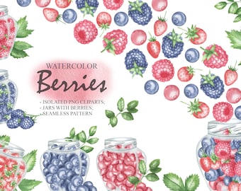 Watercolor Berries Clipart, Summer Fresh Blueberries, Strawberries, Raspberries, Blackberries, Cranberries, Healthy Foods, Forest PNG 54
