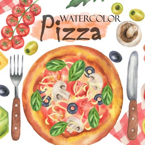 Watercolor Pizza Clipart, Pizza Ingredients Clip Art, Make Your Own Pizza, Pizza Party, Fast Food Clipart PNG 267
