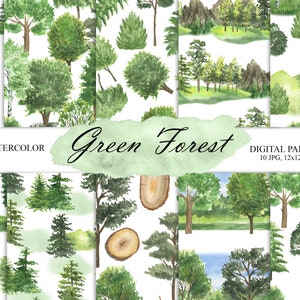 Green Forest Digital Paper, Paisajes de pinos de acuarela Woodland, Conjunto de patrones forestales digitales, Scrapbooking JPG 11