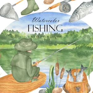 Imágenes prediseñadas de pesca acuarela, actividades al aire libre de verano, paisajes del lago, aparejos de pesca, imágenes prediseñadas de pescador, arte clip del Día del Padre PNG 161