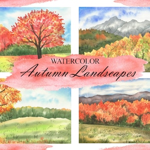 Watercolor Autumn Landscape Clipart, Fall Forest Clip Art, Autumn Scene, Nature Clipart, Woodland Landscapes Clipart PNG 196