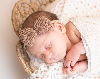 Baby Headband, Newborn Headband, Earth Toned Bow, Neutral Newborn Photo Prop, Newborn Picture Accessory, Knit Baby Bow, Brown Knit Bow