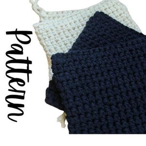 May include: A crochet pattern for a set of three pot holders. The pot holders are made with a simple stitch and are available in white and navy blue.