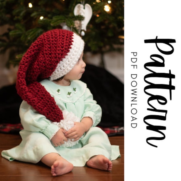 Modello per cappello da Babbo Natale all'uncinetto, modello per cappello da elfo all'uncinetto, modello per berretto a calza all'uncinetto, modelli natalizi all'uncinetto, accessori per foto neonato