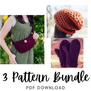 May include: A crochet pattern bundle featuring a burgundy crossbody bag, a rust-colored beanie, and a pair of burgundy mittens. The text "3 Pattern Bundle" and "PDF Download" is displayed below the images.