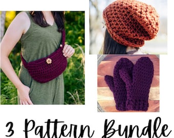 Crochet Market Bundle, Crochet Slouch Hat Pattern, Mitten Pattern, Sling Bag Pattern, Crochet Pattern Bundle, Pont Neuf Studio