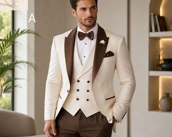 Traje de tres piezas en color blanco marfil y marrón, esmoquin cruzado, traje formal a medida para novio, boda o baile de graduación.