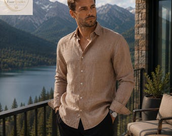 Camisa masculina bege de linho, manga comprida com botões, estilo casual, ideal para casamentos na praia no verão.