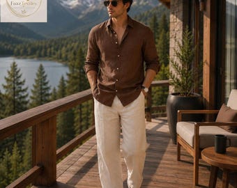 Chemise en lin marron pour homme, boutonnée sur mesure, manches longues, idéale pour les vacances d'été à la plage.