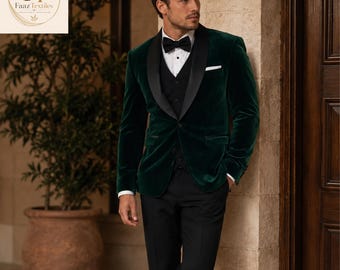 Men's Green Velvet Blazer, Black Satin Lapel, Slim Fit Formal Jacket