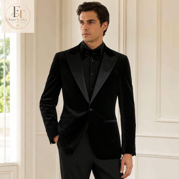 Men's Black Velvet Tuxedo Blazer, Satin Peak Lapel Dinner Jacket, Formal Evening Wear