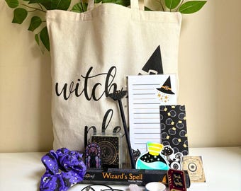 Witchy Gift Set | Witch Gothic Wicca Celestial | Tote Bag Incense Accessories Vinyl Sticker Pin Badge Button Spell Book Notebook Crystals