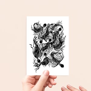 Drijvende geesten, A6-wenskaart, magische wezens, illustratie, magische tekening, schattige beestjes, denkbeeldige dieren, heks, tovenaar, Wizadry,